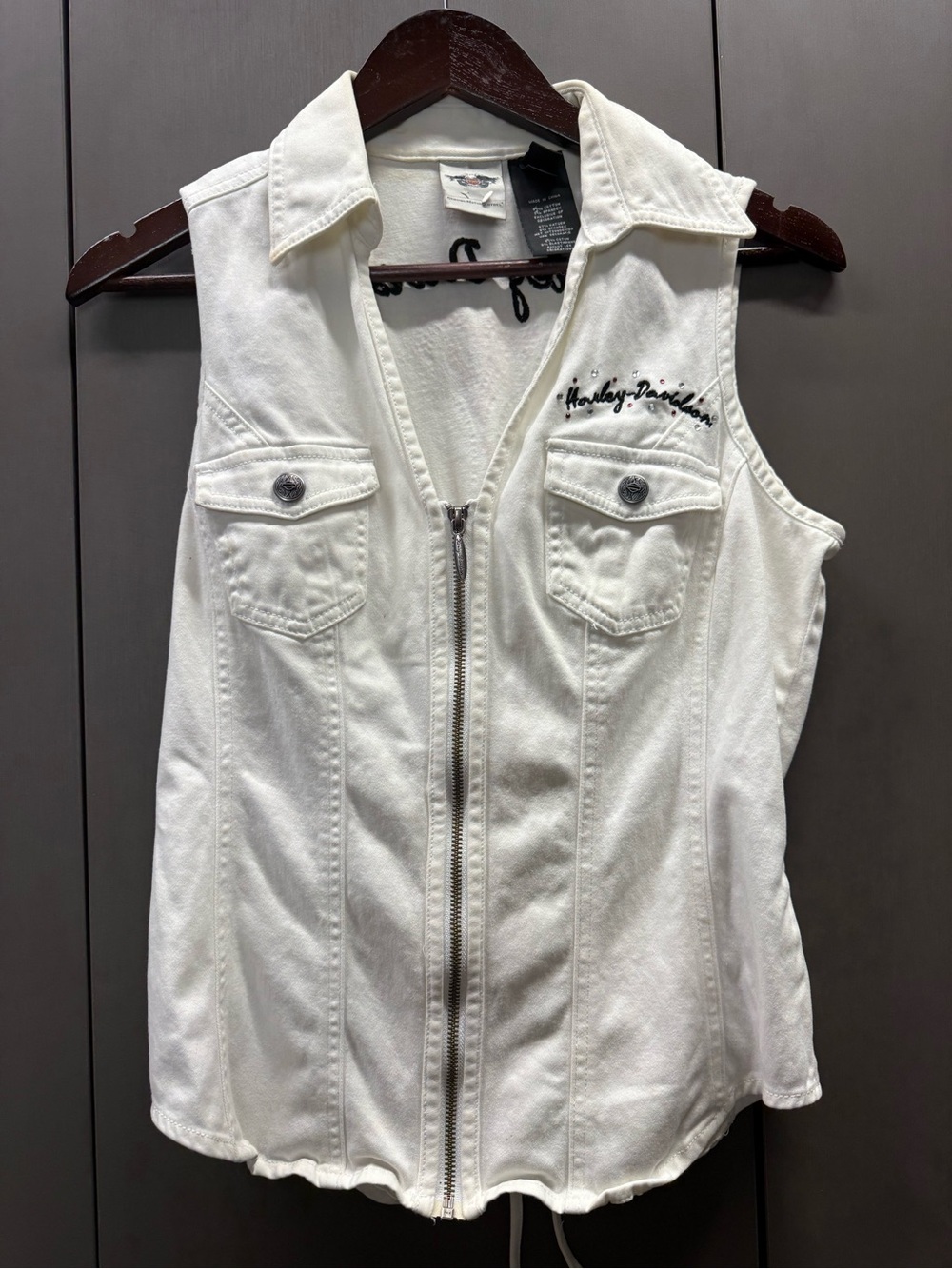 Harley-Davidson White Sleeveless Zip-Front Denim Vest
